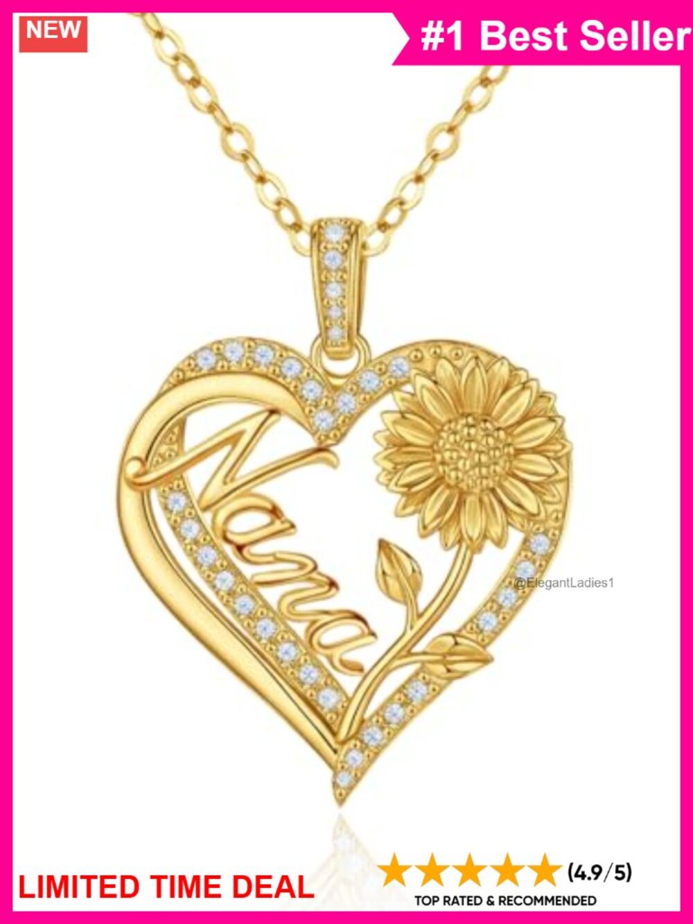 14K Gold Plated Sunflower Heart Nana Pendant Necklace Gift for Grandma